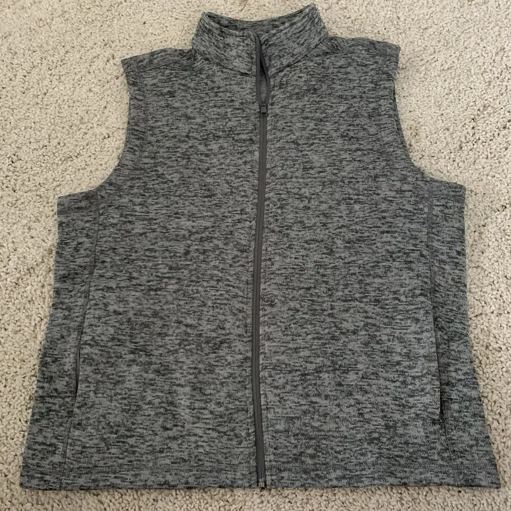 Lands End Full Zip Vest Men Large 42-44 Gray Knit Oeko-Tex Fleece Pockets Hiking